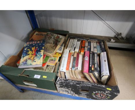 Two boxes of various books to include vintage Rupert annuals etc 