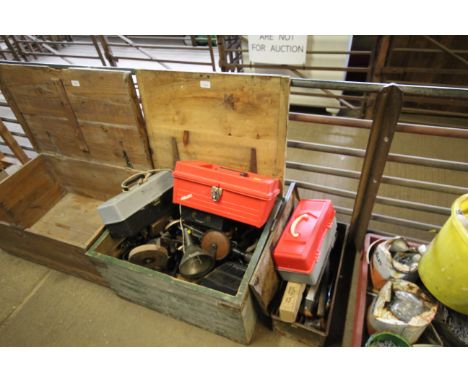 A pine tool chest and contents of various hand tools to include braces; oil cans; grinding stone; metal brackets; traps toget