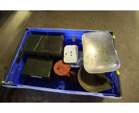 Two sets of weighing scales and three vintage metal tins
