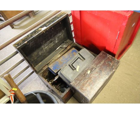 A wooden tool box and contents of tools to include pipe cutter etc. and a further small wooden box and a plastic tool box of 