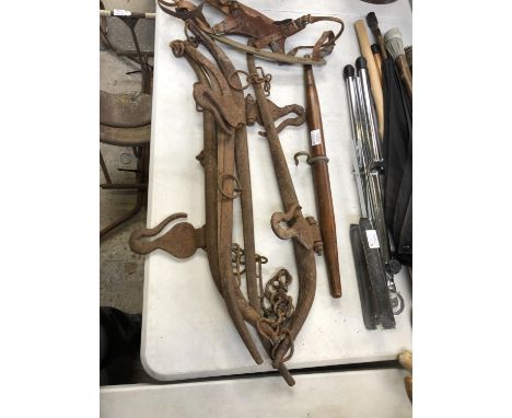 A SET OF VINTAGE METAL HORSES HAMES AND FURTHER ITEM 