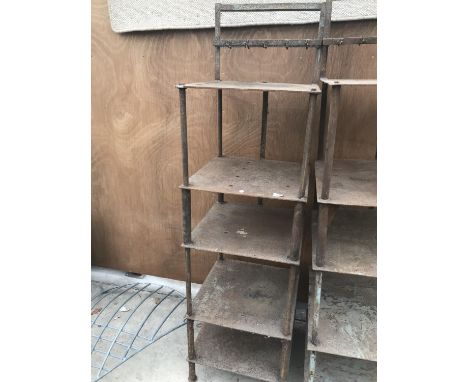 A VINTAGE INDUSTRIAL SHELF UNIT WITH FIVE SHELVES AND VARIOUS HOOKS 53CM X 51CM X 182CM 