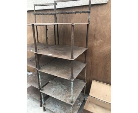 A VINTAGE INDUSTRIAL SHELF UNIT WITH FIVE SHELVES AND VARIOUS HOOKS 61CM X 61CM X 195CM 