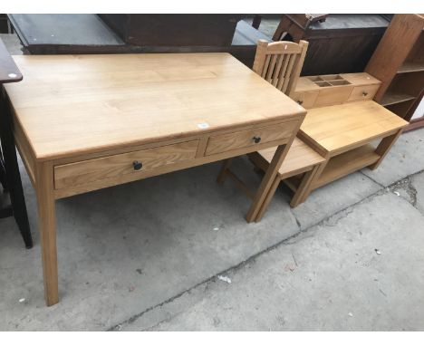 FOUR OAK ITEMS - A TABLE WITH TWO DRAWERS, A DINING CHAIR, A COFFEE TABLE AND A SMALL STORAGE SHELF 