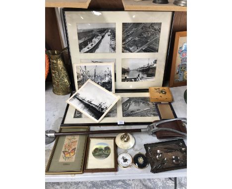 A MIXED GROUP OF ITEMS TO INCLUDE FRAMED PICTURES, SHOOTING STICK, BRASS JUG ETC (QTY) 