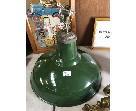 A VINTAGE GREEN ENAMEL CEILING LIGHT SHADE 