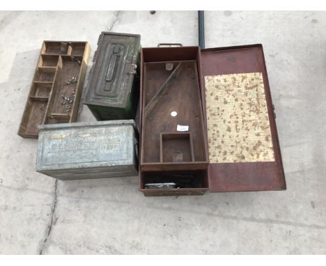 THREE VINTAGE METAL BOXES TO INCLUDE ONE TOOL BOX WITH WOODEN TRAYS, AN AMMUNITION BOX AND A 'SCHAFER KASTEN 1957' 