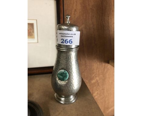 A PEWTER ARTS AND CRAFTS SUGAR SHAKER WITH RUSKIN CERAMIC PANEL 
