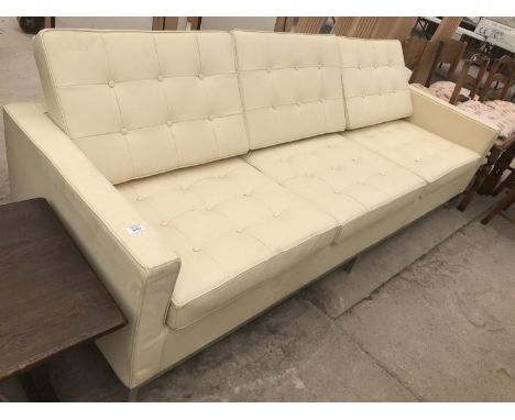 A MODERN 'LE CORBUSIER' DESIGN STYLE CREAM ITALIAN LEATHER THREE SEATER SOFA ON SQUARE CHROME SUPPORTS 227 CM X 79 CM X 58 CM