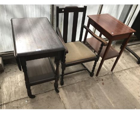 THREE OAK ITEMS - A TEA TROLLEY, A CARVER ARMCHAIR AND A SIDE TABLE WITH LOWER SHELF 