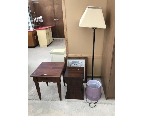 A SMALL PINE SIDE TABLE, AN INDONESIAN WOOD PLANT STAND, A METAL STANDARD LAMP, A FRAMED PRINT AND TWO LAMPSHADES 