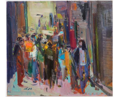 KHALED AL-JADIR (IRAQI 1924-1988) MARKET SCENE, RABAT, MOROCCOsigned in Arabic Khaled Aljadir lower leftoil on board33 x 36.5