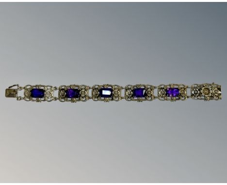 A sterling silver amethyst panel bracelet, length 18cm.