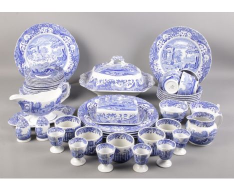 A quantity of Spode Italian blue &amp; white dinner/teawares. Including tureen, gravy boat, cups &amp; saucers, etc.  