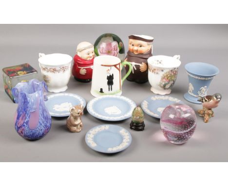 A quantity of ceramics and glass. Including Murano style paperweight, Beswick bird,  Goebel monk, Brambly Hedge cups, etc.  