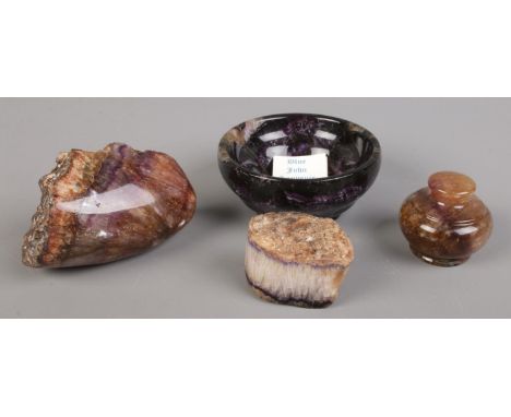 Four pieces of Blue John and Blue John style stone. Including small trinket bowl, etc.Bowl has a fine hairline crack running 