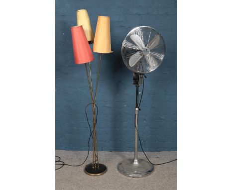 A contemporary chrome metal floor fan &amp; vintage three shade standard lamp. Lamp: H: 136cm.  