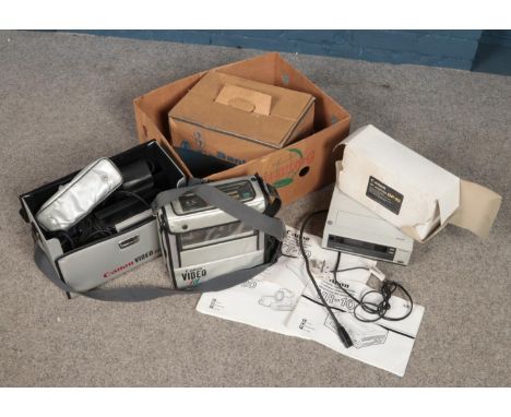 A collection of Canon video recording equipment along with a Sankyo Super8 projector. Includes Canon VC-20, Canon VR-10 etc. 