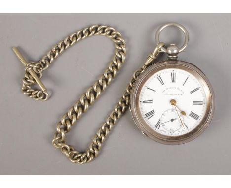 A Swiss silver cased pocket watch (stamped 0.935), with engine turned back. Dial stamped for 'The Veracity Watch, Rye', with 