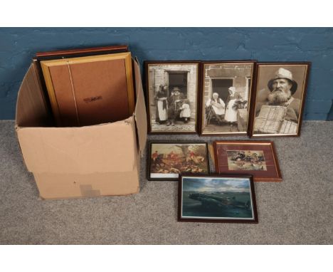 A box of assorted framed prints. Subjects to include early 19th century Whitby fishermen and hunting scenes etc.  