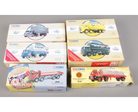 Six boxed Corgi die cast trucks. To include Chipperfield Circus wheel rigid truck 97957, Scammell Scarab Eskimo foods 97335, 