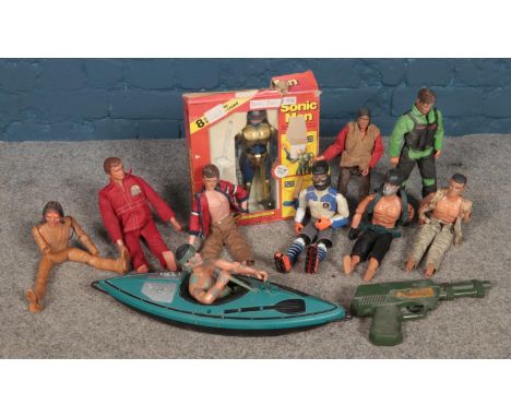 A small collection of Action Man figures, similar figures and props, including canoe and boxed 'Sonic Man'.  