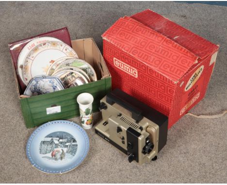 A box of miscellaneous ceramics along with a Eumig 614D projector. Includes Royal Copenhagen, Portmeirion etc.  