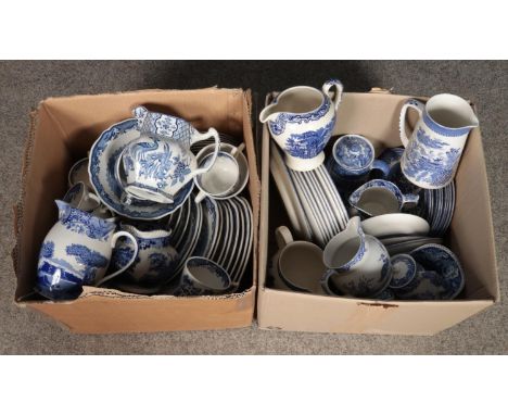 Two boxes of blue and white pottery. Includes Spode, Masons, George Jones etc.  