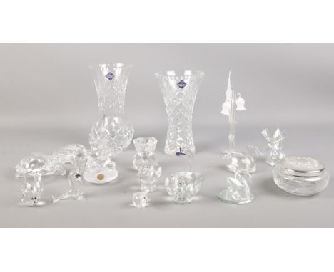A collection of glass ware. To include two Edinburgh crystal vases, trinket, animal figures etc  