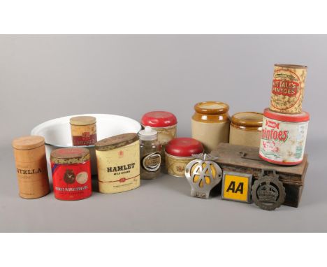 Two boxes of miscellaneous. To include Worcester ware tins, an enamel bowl , two AA badges and Treble tape measure etc.  