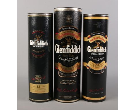 Three bottles of Glenfiddich Scotch whisky. To include 1 x litre pure malt, 1 x 70cl single malt aged 12 years, 1 x 70cl  sin