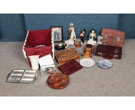 A box of miscellaneous. To include two Annalee Mobilitee dolls, a wooden car and a leather briefcase etc.  