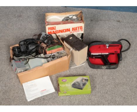 A quantity of photographic and projector equipment. Including boxed Prinz super 8 projector, Pentax ME Super camera with guid