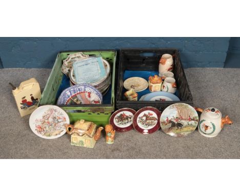 Two boxes of miscellaneous. To include mostly plates and crockery depicting fox hunting scenes etc.  