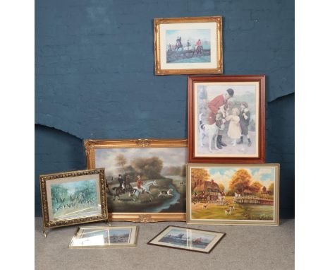 Four prints, two oils and a fire guard depicting hunting scenes. Examples to include George Rowlandson 'Over the Brier' and V