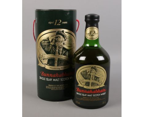 A bottle of Bunnahabhain single Islay malt Scotch whisky. 12 years, 70cl, full, sealed, boxed.  