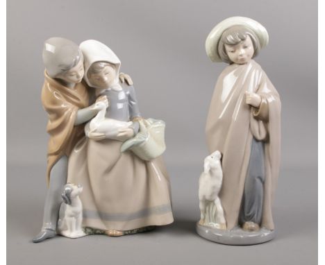 Two Nao figures. To include a young woman and man with dog and duck and shepherd with lamb. H: 26cm.  