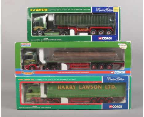 Three boxed Corgi limited edition die cast trucks. Lawsons Haulage Ltd CC13708, B.J. Waters CC12008, Harry Lawson Ltd CC12418