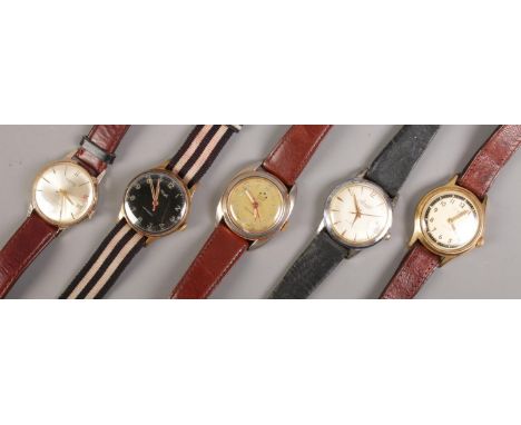 Five vintage Gents manual wind wristwatches, to include Accurist and Ingersoll examples.  Glass cracked to the Agon Sport exa