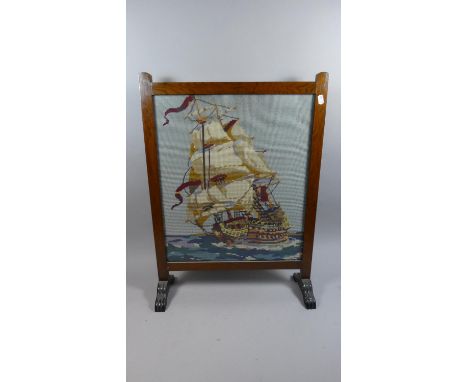 An Edwardian Oak Tapestry Fire Screen with Galleon Decoration, 51cm Wide 