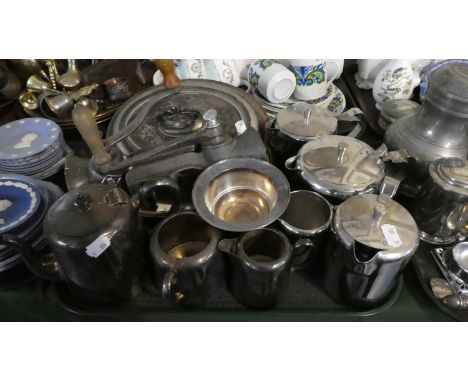 A Tray of Silver Plate to Include Three Piece Tea Service, Oval Entree Dish, Stainless Steel Coffee Service, Mincer etc 