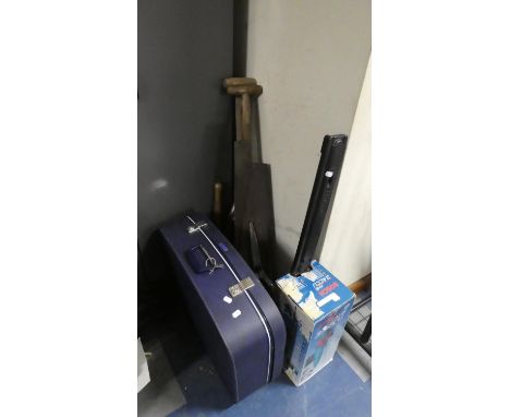 A Small Collection of Garden Tools, Bosch Hedge Cutter, Vintage Suitcase 