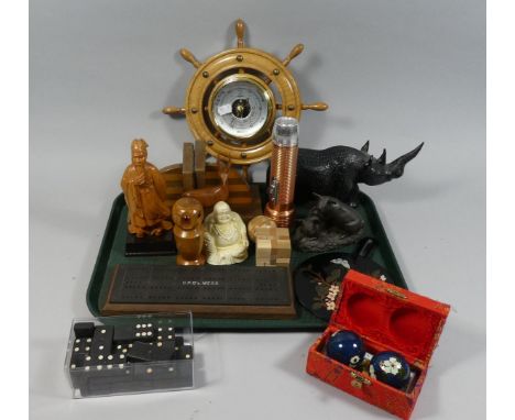 A Tray of Curios to Include Army Cribbage Board, Set of Dominoes, Treen Animals and Figural Ornament, Pig and Rhino Ornaments