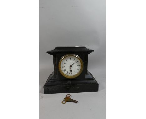 A French Black Slate Mantle Clock of Architectural Form, 24cm Wide 
