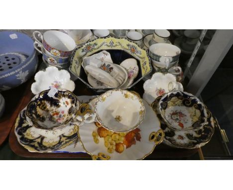 A Tray Containing Various Decorated Cabinet Cups and Saucers, Arcadian Crested Ware Tank, Royal Worcester and Crown Derby Pin