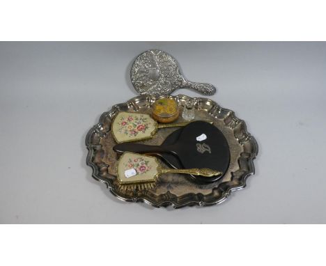 A Silver Plated Tray Containing Various Dressing Table Mirrors and Brushes, Lacquered Mother of Pearl etc 