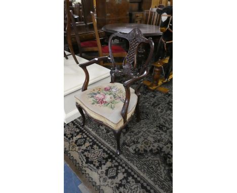 An Edwardian Mahogany Framed Tapestry Upholstered Ladies Armchair with Pierced Splat and Cabriole Seat 