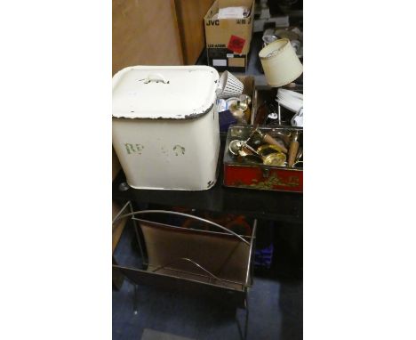 A TV Stand, Vintage Magazine Rack, Enamel Bread Bin and Tin Containing Copper and Brass Ornaments 