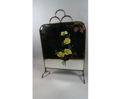 A Brass Framed Mirrored Fire Screen with Painted Floral Decoration, 78cm High 