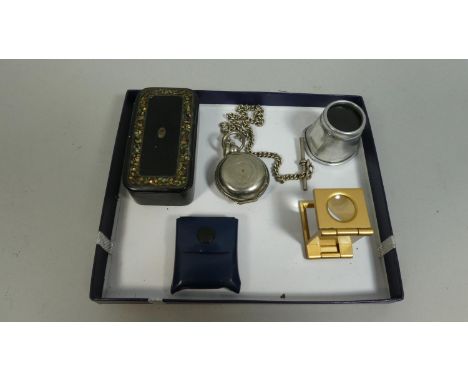 A Collection of Curios to Include Mother of Pearl Inlaid Snuff Box, Folding Magnifying Glass, Half Sovereign Case 
